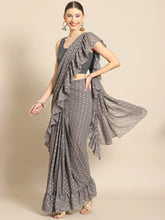 Grey & Gold Toned Printed Ready To Wear Ruffles Saree-AHSRBL-SET-23